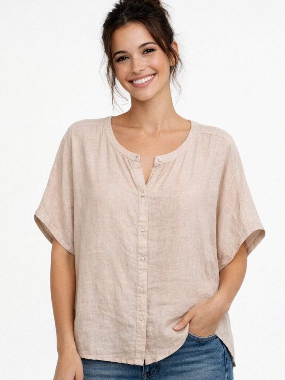 Tahari Linen Shirt M Blush Beige Coastal Minimalist Quiet Luxury Resort Chic